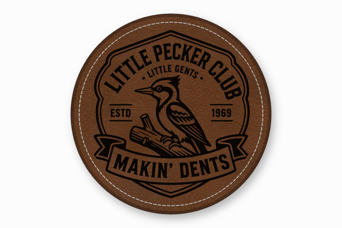 Round brown leather patch with white stitched border, featuring a woodpecker logo and text.