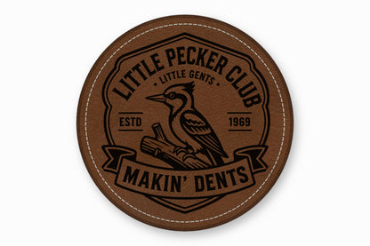 Round brown leather patch with white stitched border, featuring a woodpecker logo and text.