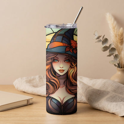 Tumbler with stained glass witch design and metal straw.