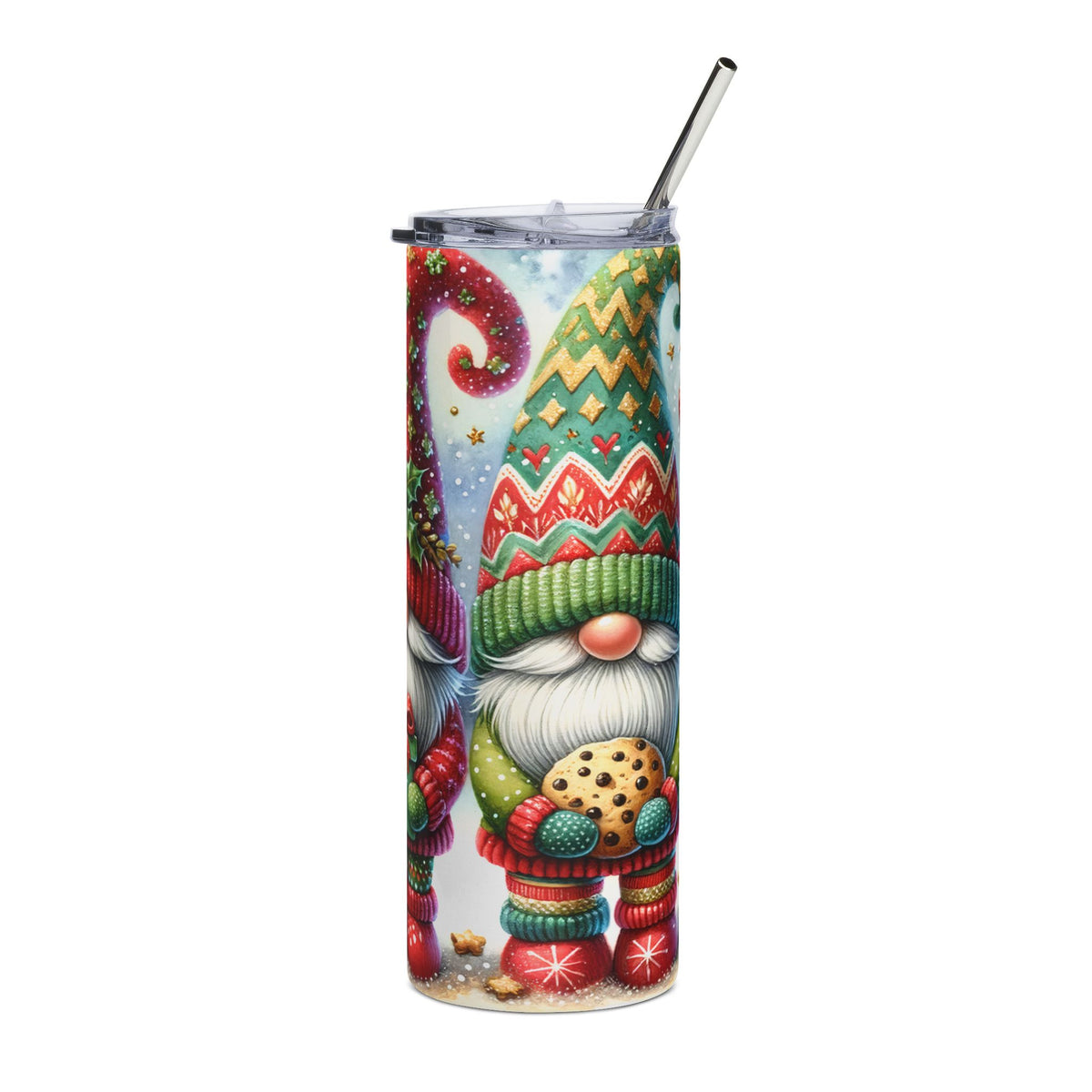 Tumbler with a Christmas gnome holding a cookie, featuring a patterned design.