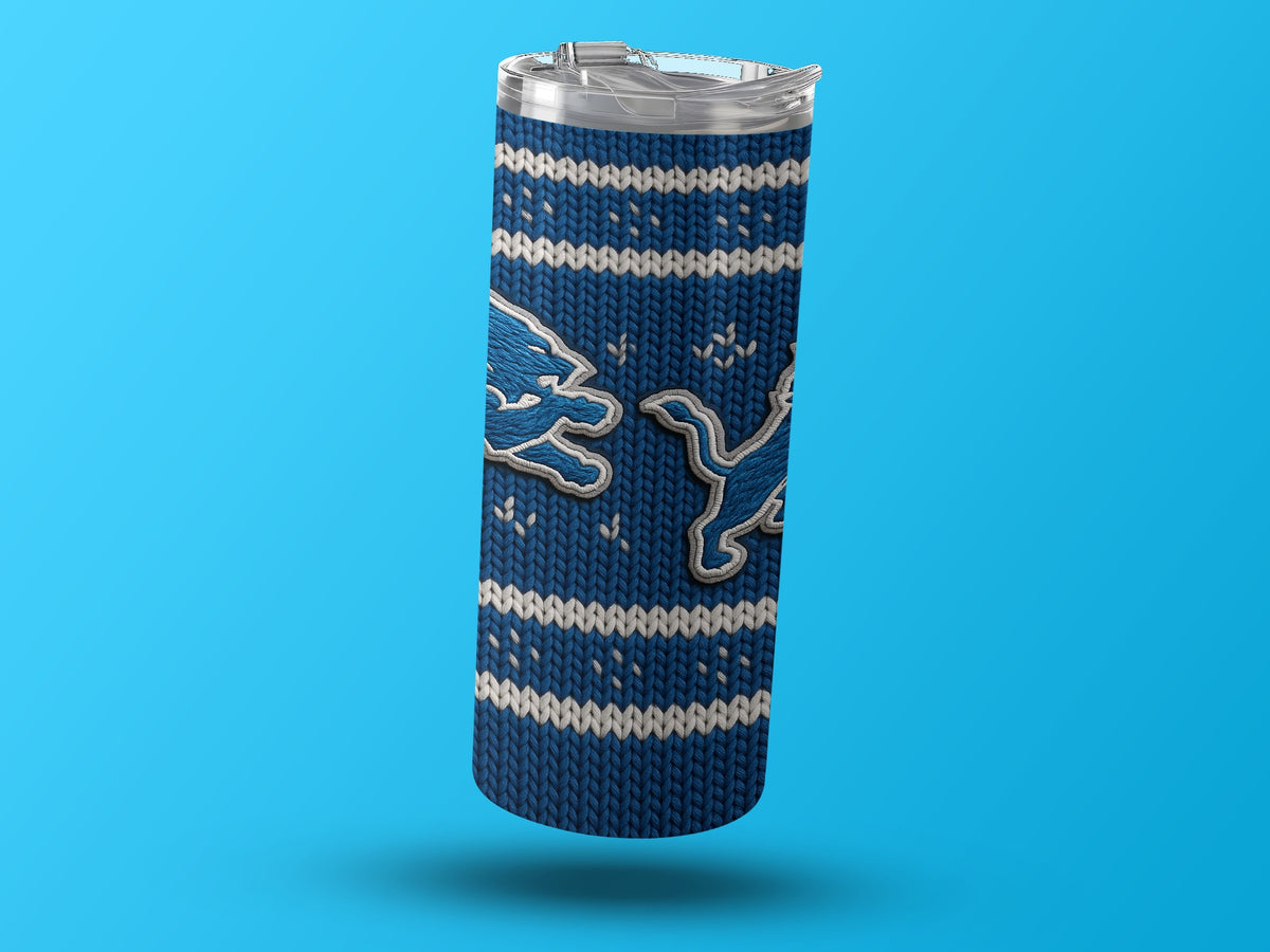Detroit Lions tumbler with blue and white knit pattern and team logos.