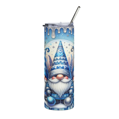 Tall tumbler with a blue and white winter gnome and snowflake design.