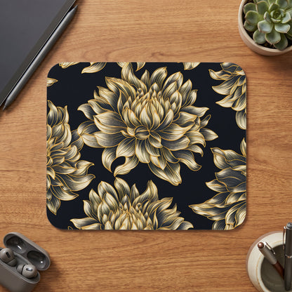 Dark mousepad with a repeating pattern of gold chrysanthemums on a black background.