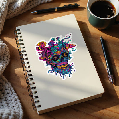 Abstract colorful skull sticker on a blank notebook, next to pens and coffee.