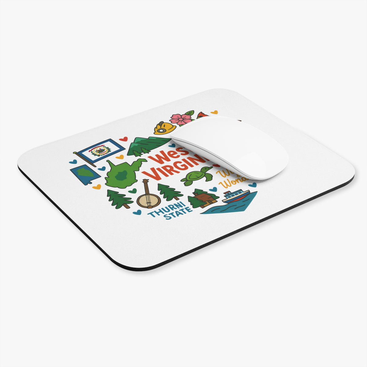 Mousepad with West Virginia state map, flag, banjo, trees, and boat illustrations.