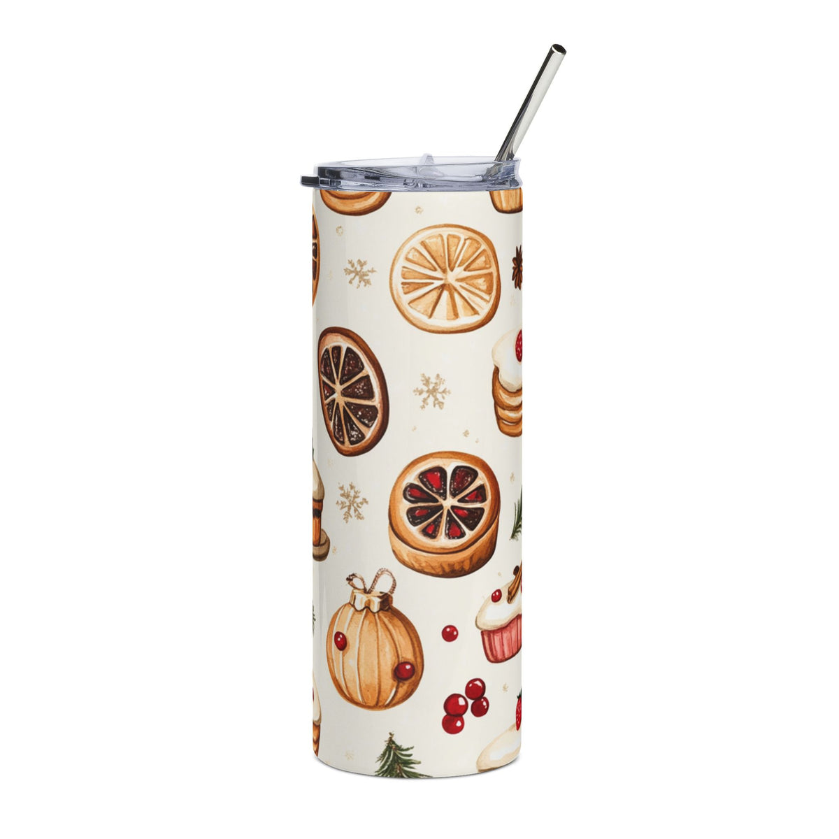 Tumbler with Christmas-themed pattern of oranges, cupcakes, ornaments, and berries.