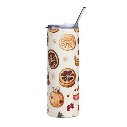Tumbler with Christmas-themed pattern of oranges, cupcakes, ornaments, and berries.