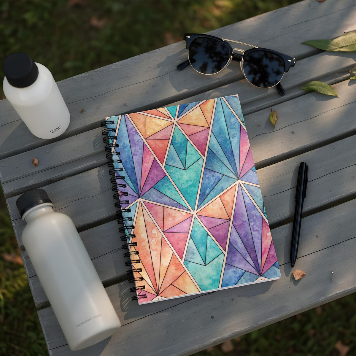 Spiral notebook with colorful geometric watercolor pattern, two white water bottles, and sunglasses.