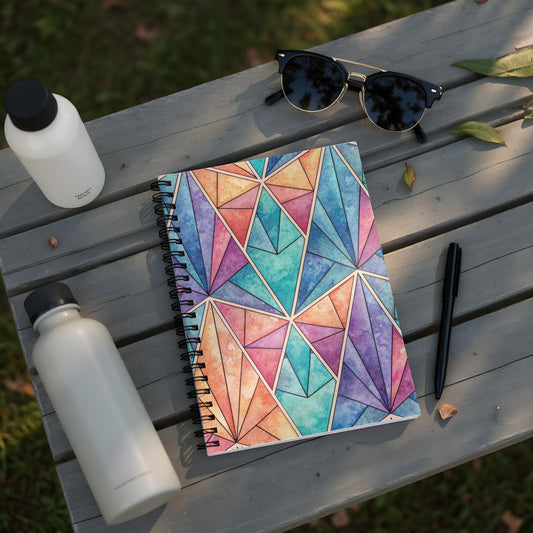 Spiral notebook with colorful geometric watercolor pattern, two white water bottles, and sunglasses.