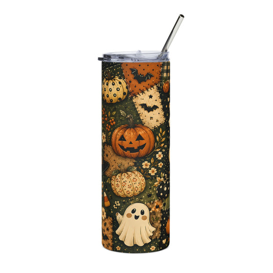 Tumbler with Halloween pattern featuring pumpkins, ghost, bats, and candy corn.