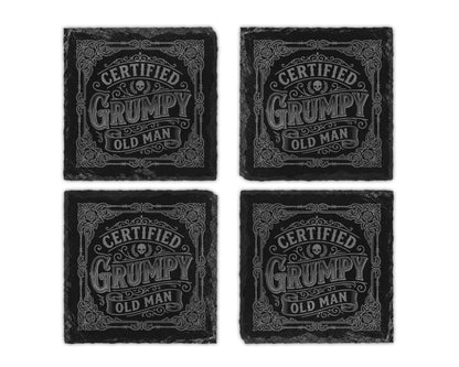Four slate coasters, each with "Certified Grumpy Old Man" text and decorative border.