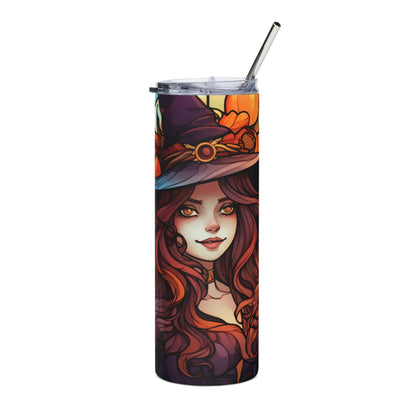 Tumbler with illustrated witch and pumpkins design, featuring a metal straw.