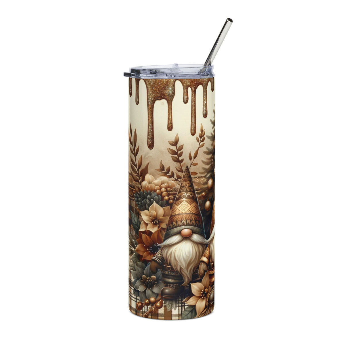 Tall tumbler with a gnome and floral design, featuring dripping gold accents.