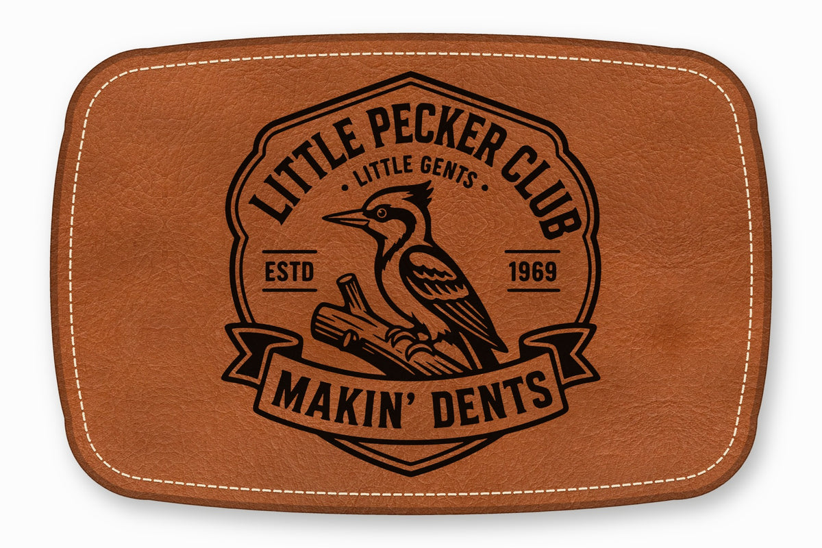 Brown rectangular leather patch with white stitched borders and a black woodpecker emblem with text.