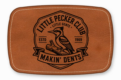 Brown rectangular leather patch with white stitched borders and a black woodpecker emblem with text.