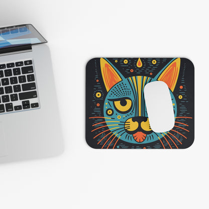 A laptop and a colorful, folk-art-inspired cat mousepad with a white computer mouse on it.