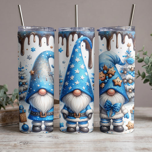 Three tumblers with blue gnomes and a chocolate drizzle design.