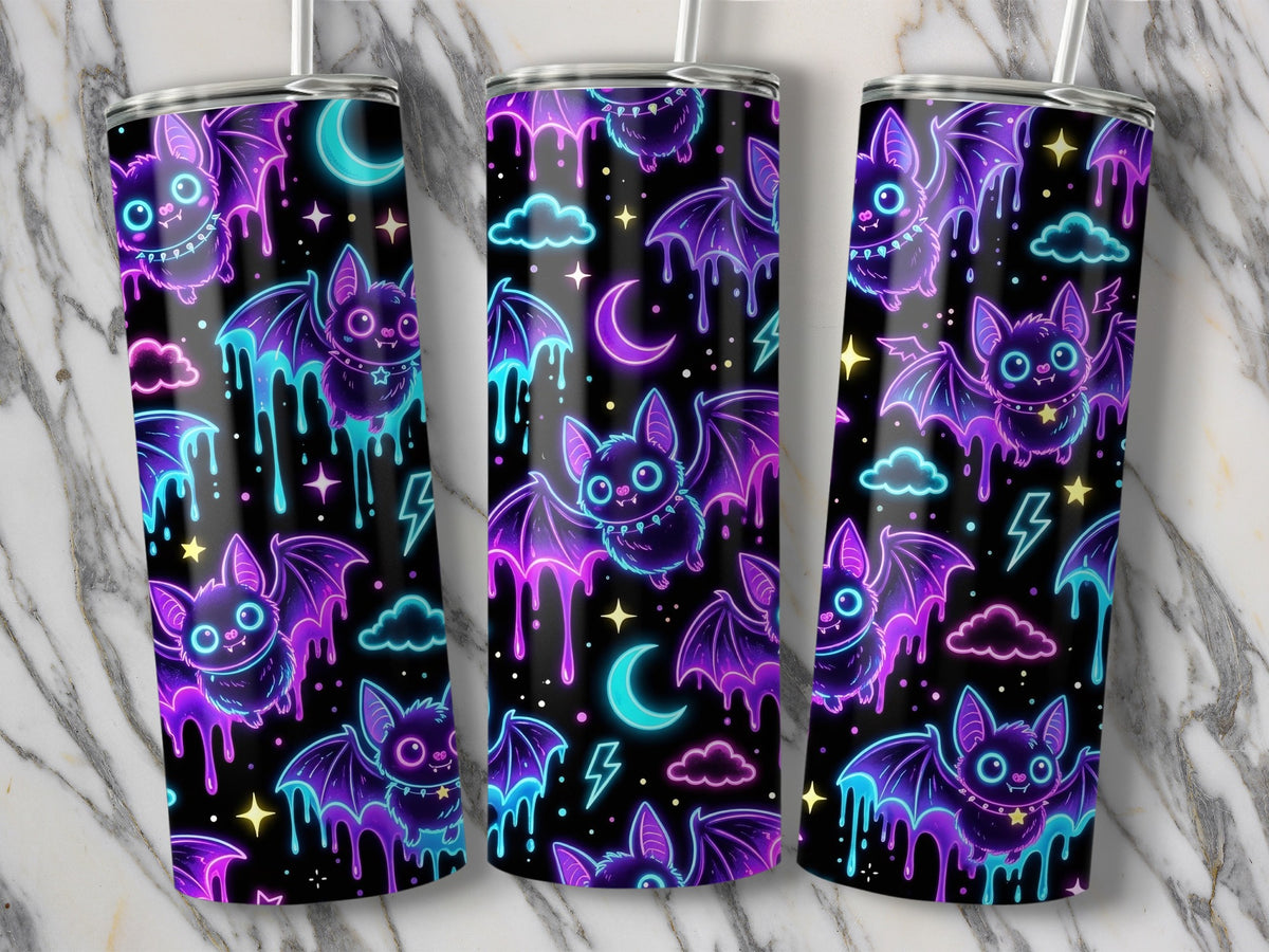 Neon bats, moons, clouds, and lightning bolts pattern on black tumblers.