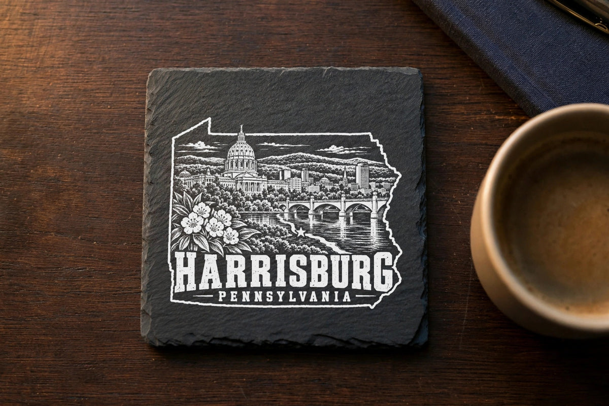 Square dark slate coaster laser engraved with a white Harrisburg, Pennsylvania skyline and state outline.