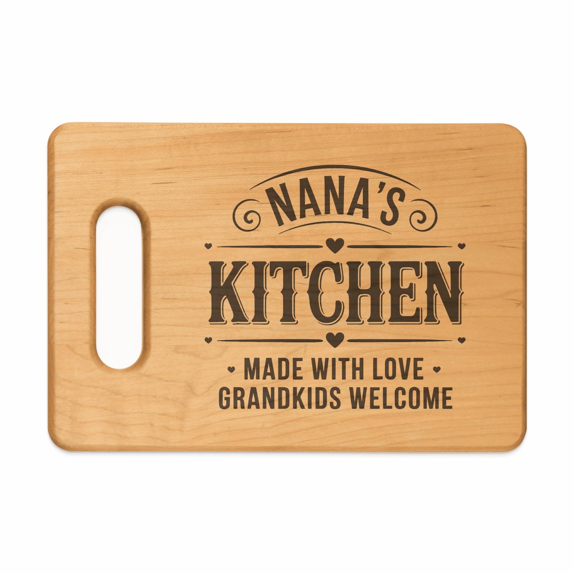Wooden cutting board with "Nana's Kitchen" and "Grandkids Welcome" text.