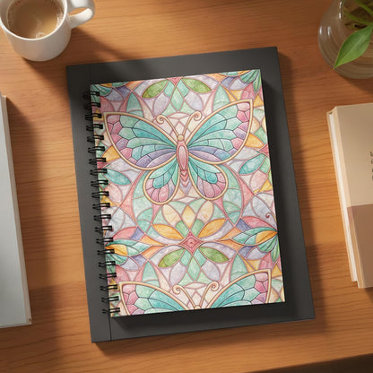 Notebook with stained glass butterfly design in pastel colors.