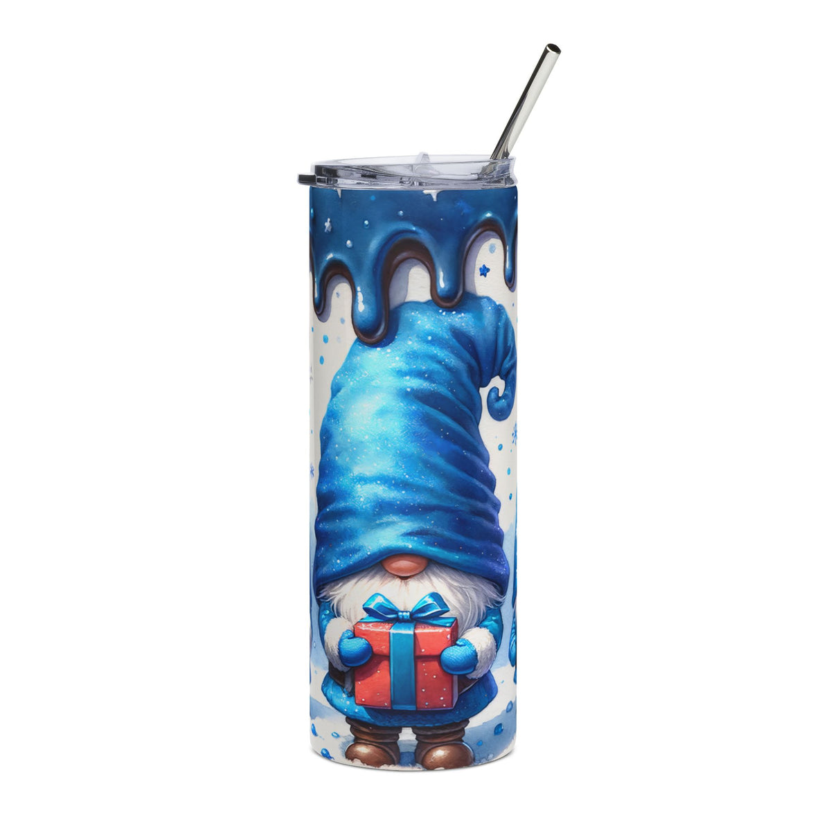 Blue gnome with gift on tumbler with snowflake and drip design.