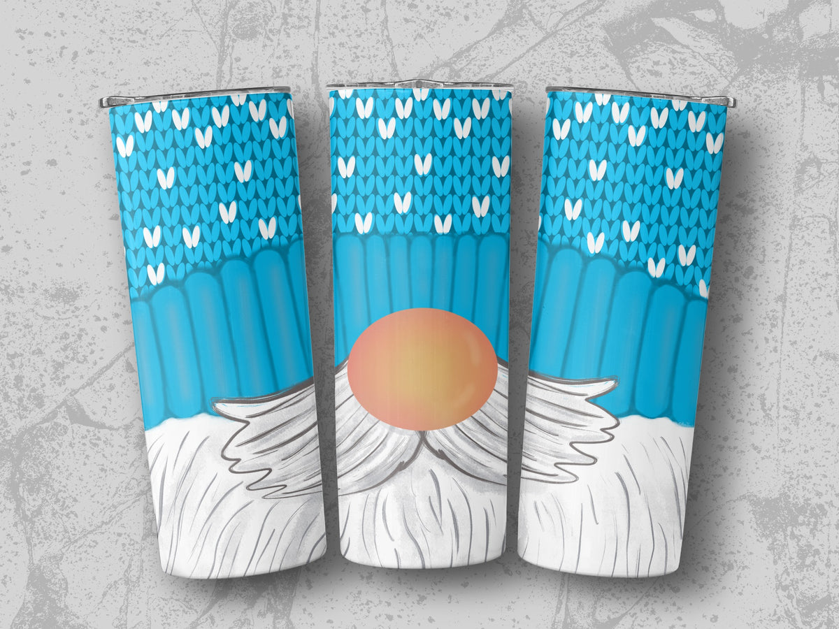Three tumblers with a blue knitted pattern and gnome faces.