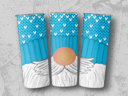Three tumblers with a blue knitted pattern and gnome faces.