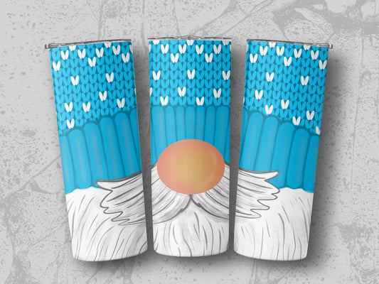 Three tumblers with a blue knitted pattern and gnome faces.