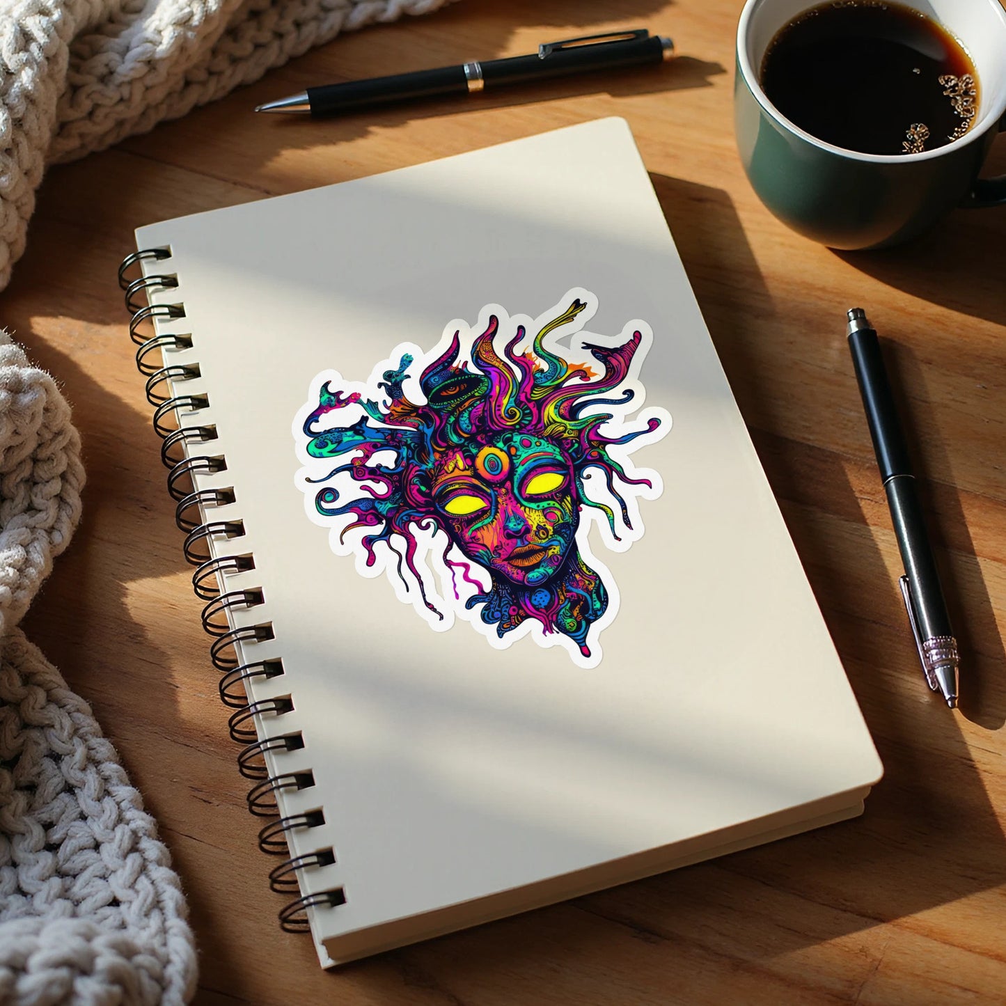 Colorful sticker of a psychedelic face on a notebook, with pens and coffee.