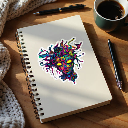 Colorful sticker of a psychedelic face on a notebook, with pens and coffee.