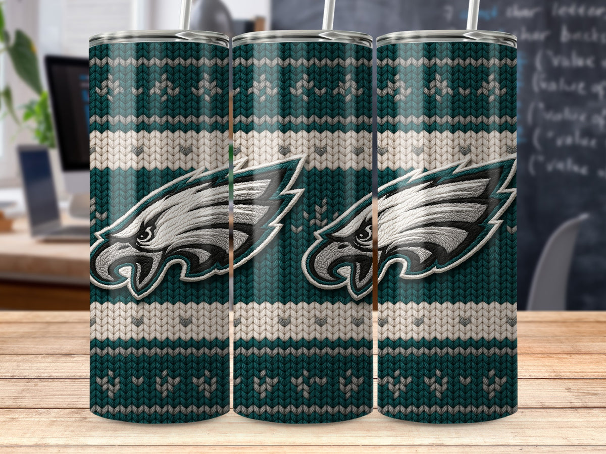 Philadelphia Eagles logo on a teal, white, and gray knitted pattern tumbler.