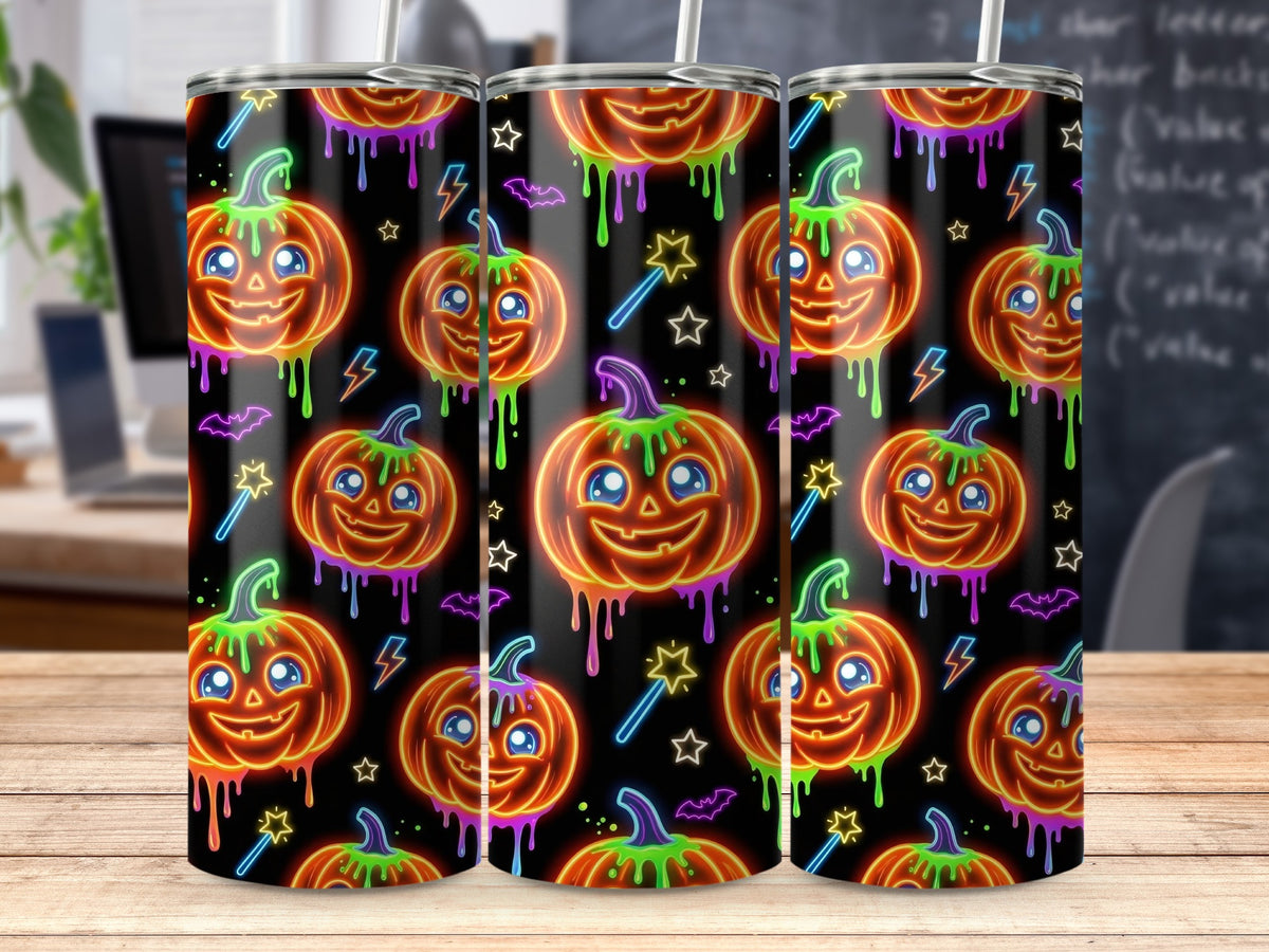 Halloween tumblers with neon jack-o'-lanterns, bats, stars, and magic wands.
