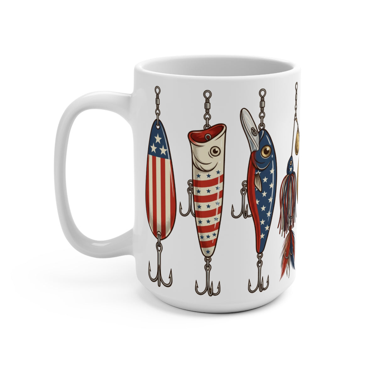 White mug featuring four patriotic fishing lures with treble hooks.