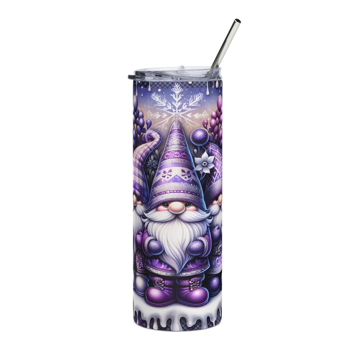 Tumbler with purple gnomes, snowflakes, and decorative orbs on a white background.