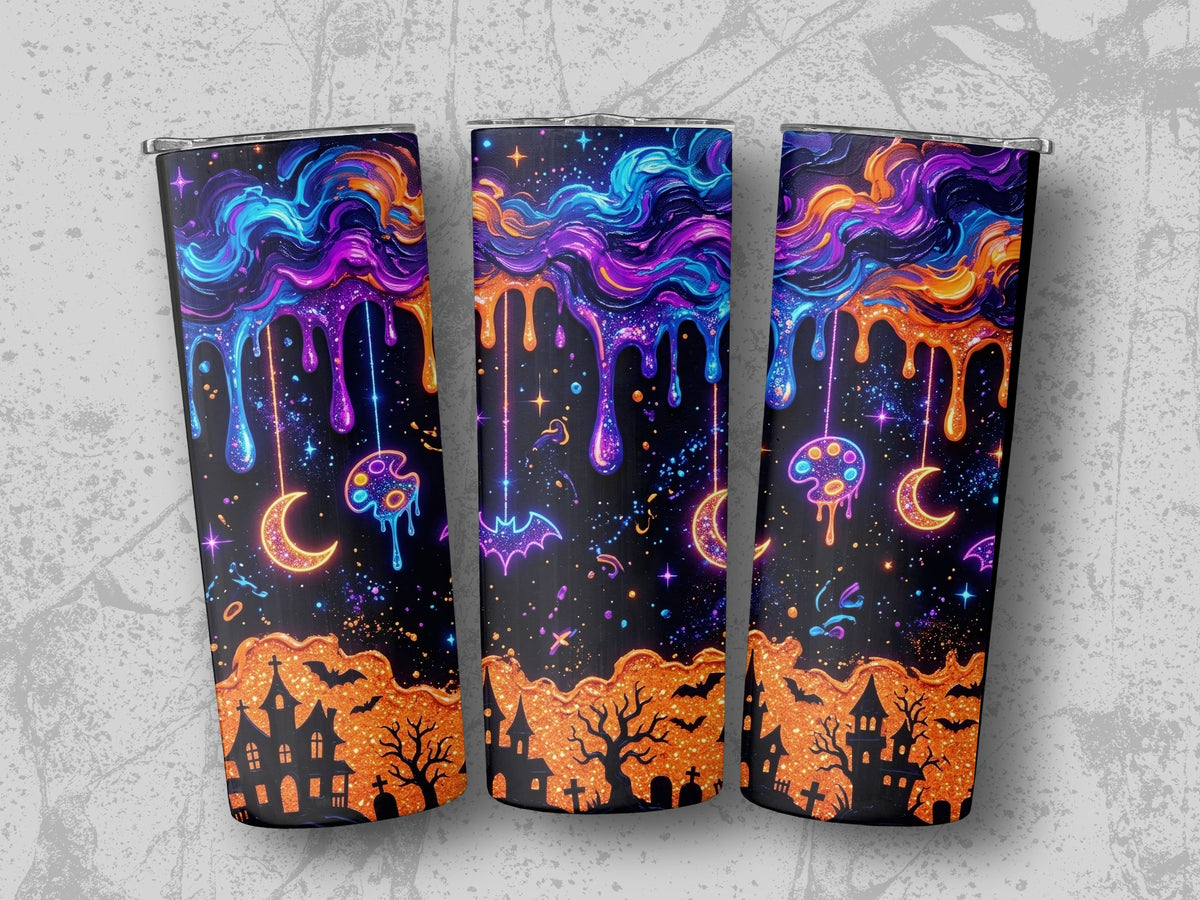 Three tumblers with a spooky Halloween-themed design of a haunted house and galaxy.