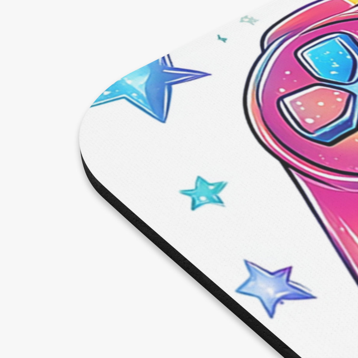 Mousepad with pink, blue, and purple controller design and scattered stars.