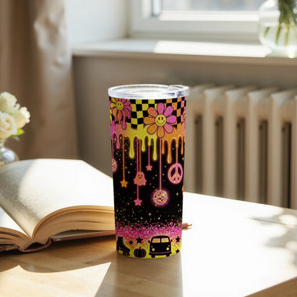 Tumbler with retro smiley flowers, peace signs, disco balls, and a van graphic.