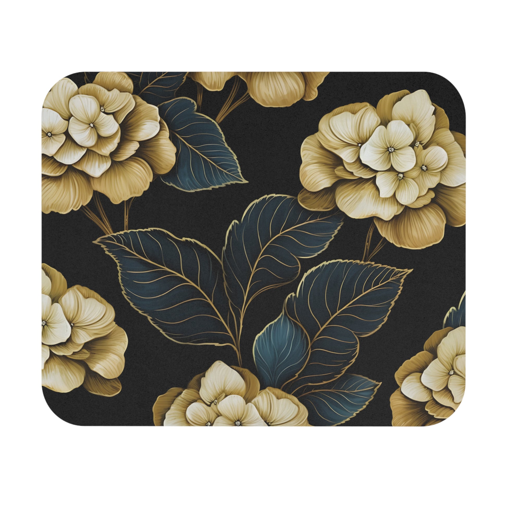 Gold flowers with teal leaves and gold outline on a dark background.