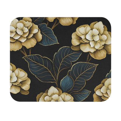 Gold flowers with teal leaves and gold outline on a dark background.