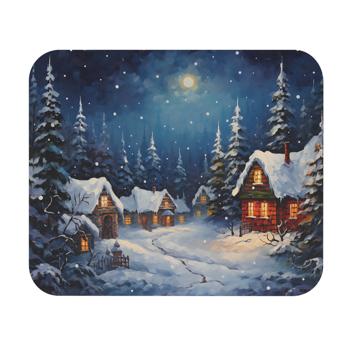 Snowy village at night under a full moon with warm light from cottage windows.