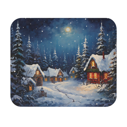 Snowy village at night under a full moon with warm light from cottage windows.