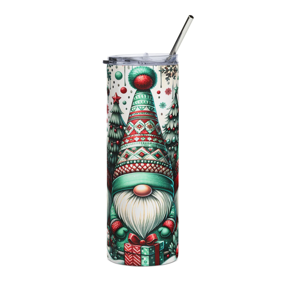 Christmas gnome design on a white insulated tumbler with a straw.
