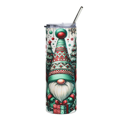 Christmas gnome design on a white insulated tumbler with a straw.