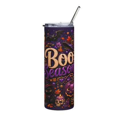Purple tumbler with Halloween graphics and "Boo Season" text.