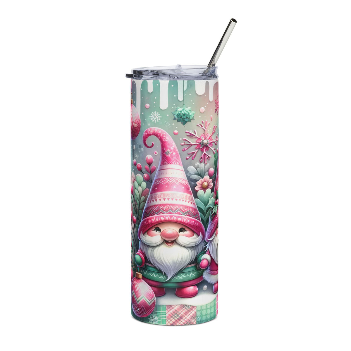 Christmas gnome and snowflake design on a tumbler with a metal straw.