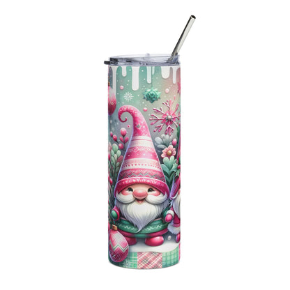 Christmas gnome and snowflake design on a tumbler with a metal straw.