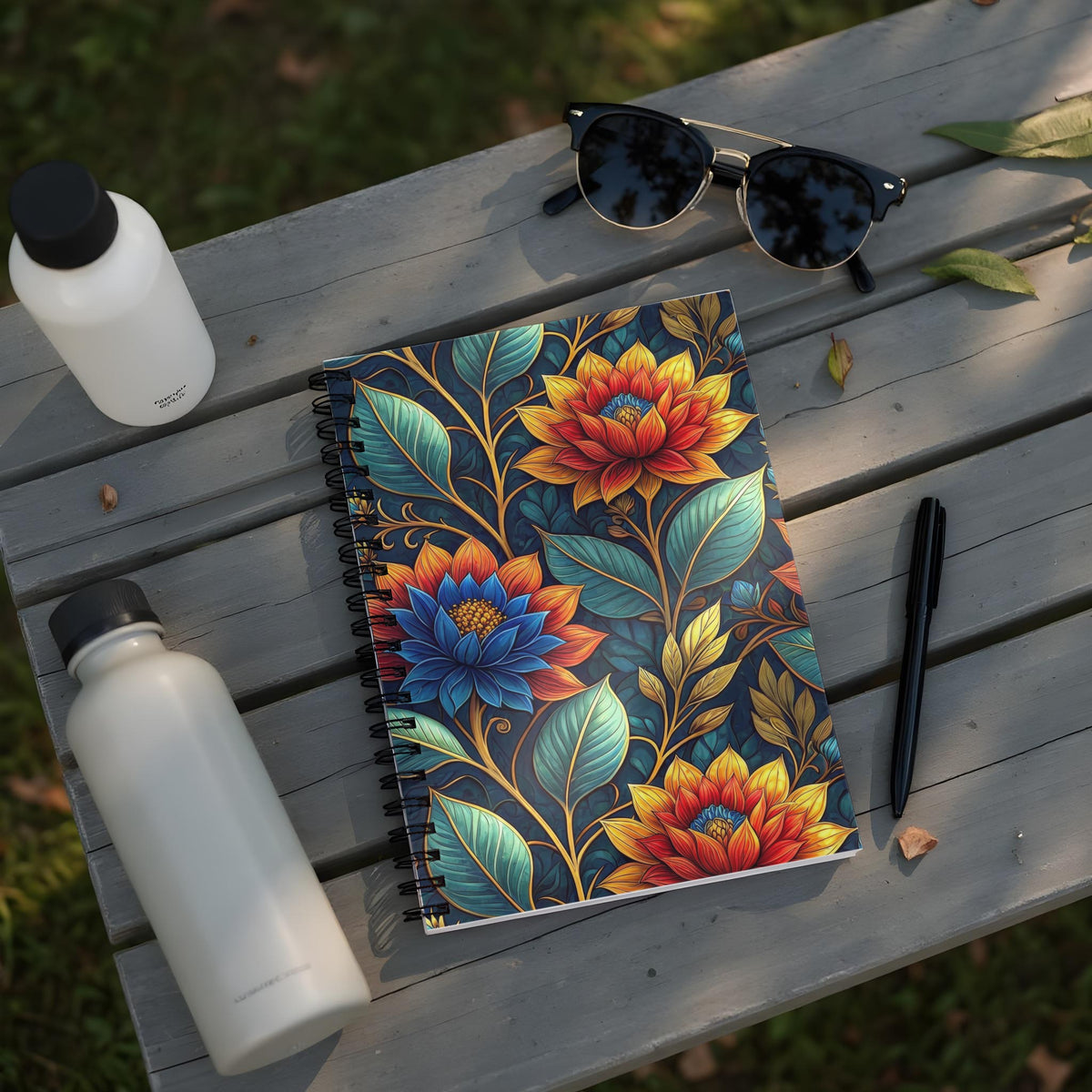 Spiral notebook with a vibrant floral pattern featuring red, yellow, and blue flowers.