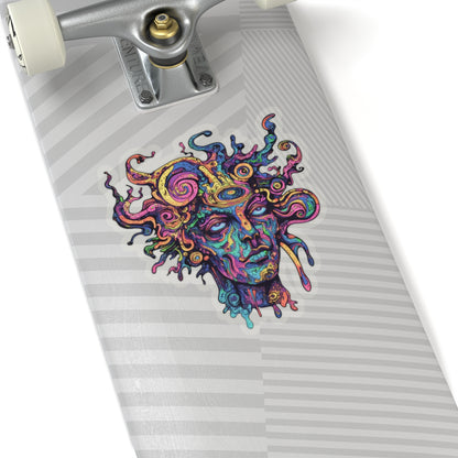 Psychedelic portrait sticker on a skateboard deck with gray striped pattern.