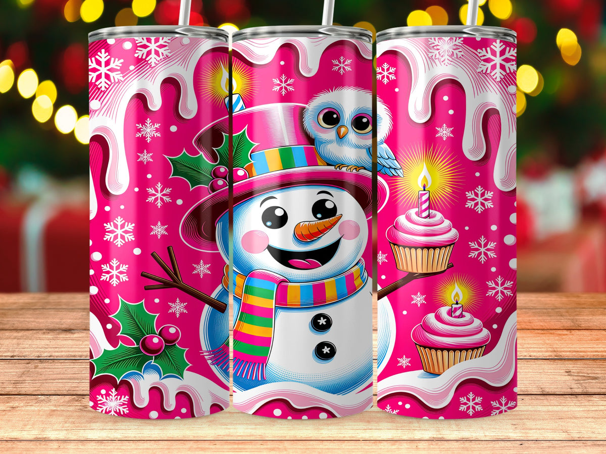 Pink tumbler with snowman, owl, cupcakes, holly, and snowflakes.